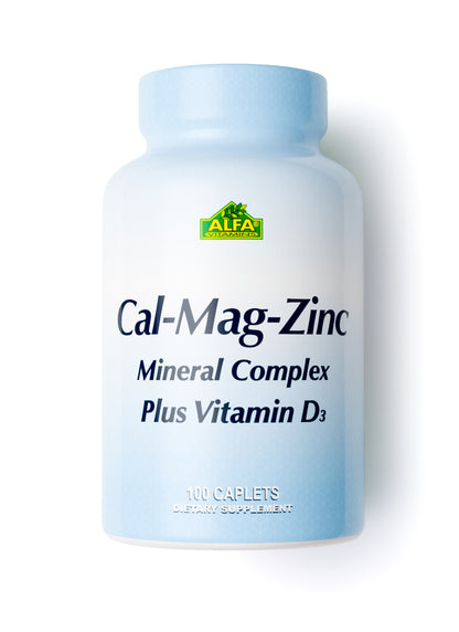 A blue bottle of Alfa Vitamins Calcium Magnesium Zinc Plus Vitamin D contains 100 caplets and supports bone health, providing a comprehensive supplement to meet your dietary needs.