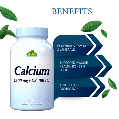 A bottle of Alfa Vitamins Stores Calcium Citrate 1500 mg + Vitamin D3 - 60 tablets is shown. Benefits include Essential Vitamins & Minerals, Supports Immune Health, Bones & Teeth, and Antioxidant Protection. Featuring Vitamin D3, it enhances bone density with decorative green leaves.