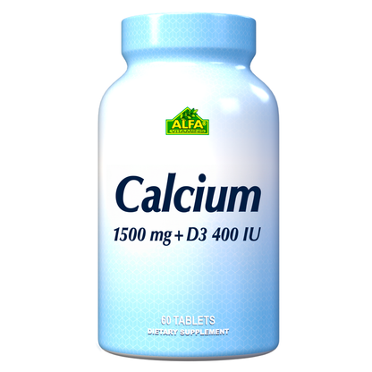 Alfa Vitamins Stores Calcium Citrate 1500 mg + Vitamin D3 supplement, in a blue and white package, offers 60 tablets to enhance bone density with its powerful blend of calcium and Vitamin D3.