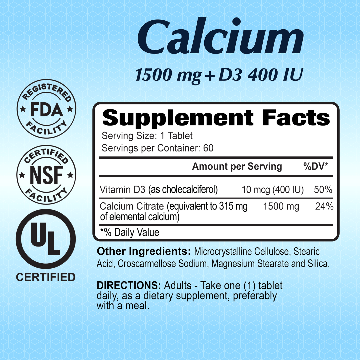 The Alfa Vitamins Stores Calcium Citrate 1500 mg + Vitamin D3 bottle, with FDA and NSF certifications, features Vitamin D3 and calcium citrate to support bone density. Adults are advised to take one tablet daily.