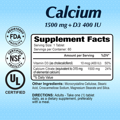 The Alfa Vitamins Stores Calcium Citrate 1500 mg + Vitamin D3 bottle, with FDA and NSF certifications, features Vitamin D3 and calcium citrate to support bone density. Adults are advised to take one tablet daily.