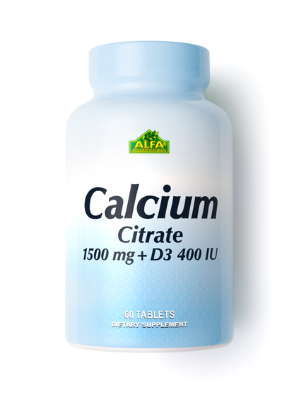 Alfa Vitamins Stores Calcium Citrate 1500 mg + Vitamin D3 comes in a white and blue bottle containing 60 tablets. This dietary supplement supports bone health and enhances bone density with its Vitamin D3 content.