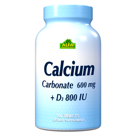 A blue and white bottle labeled Calcium Carbonate 600 mg + Vitamin D features the green Alfa Vitamins Store logo. Enhance bone density with this dietary supplement containing 100 tablets for optimal support.