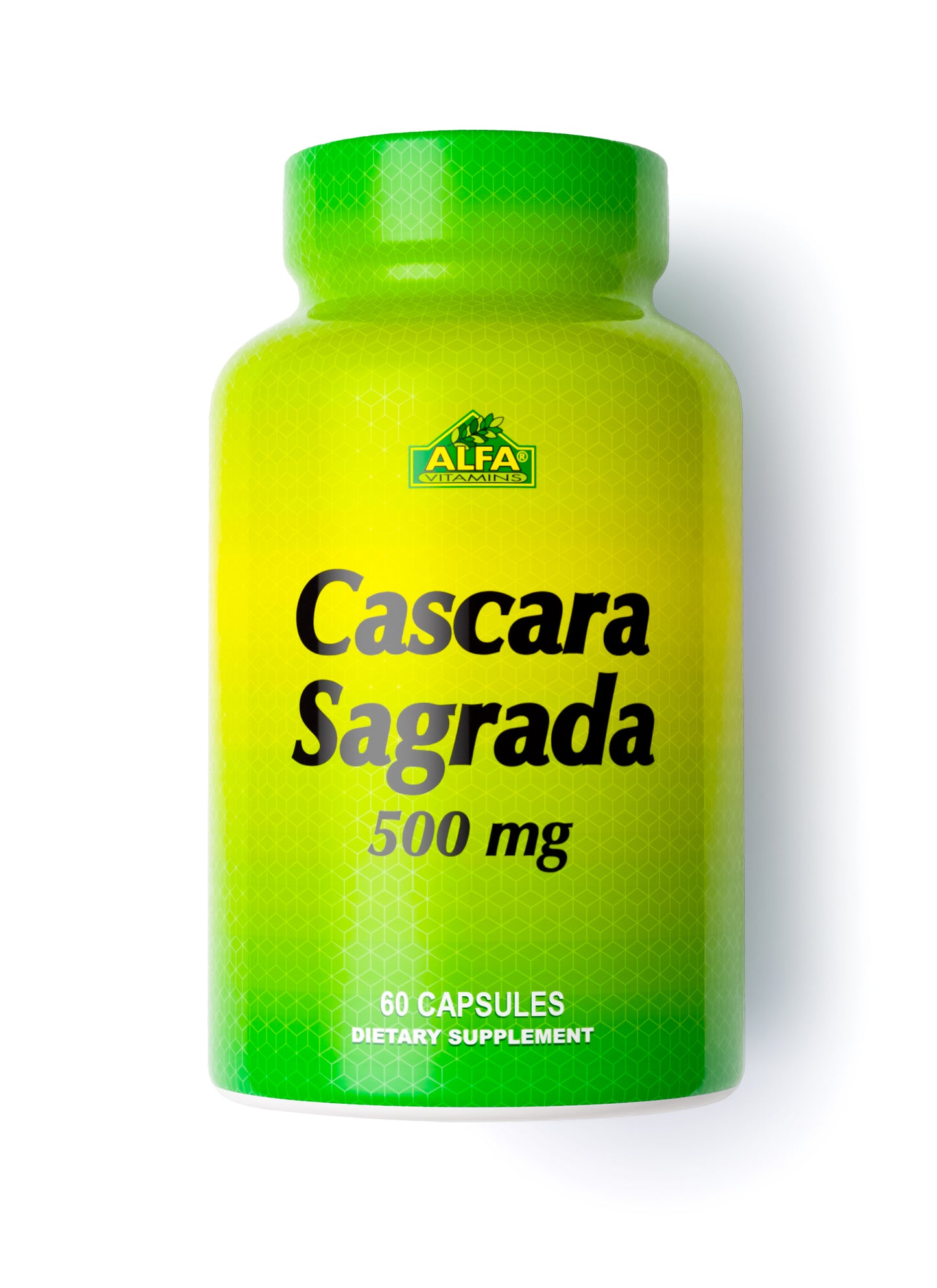 A green and yellow bottle labeled Cascara Sagrada 500 mg - 60 capsules from Alfa Vitamins serves as a gentle laxative, aiding colon cleansing for better digestive health.