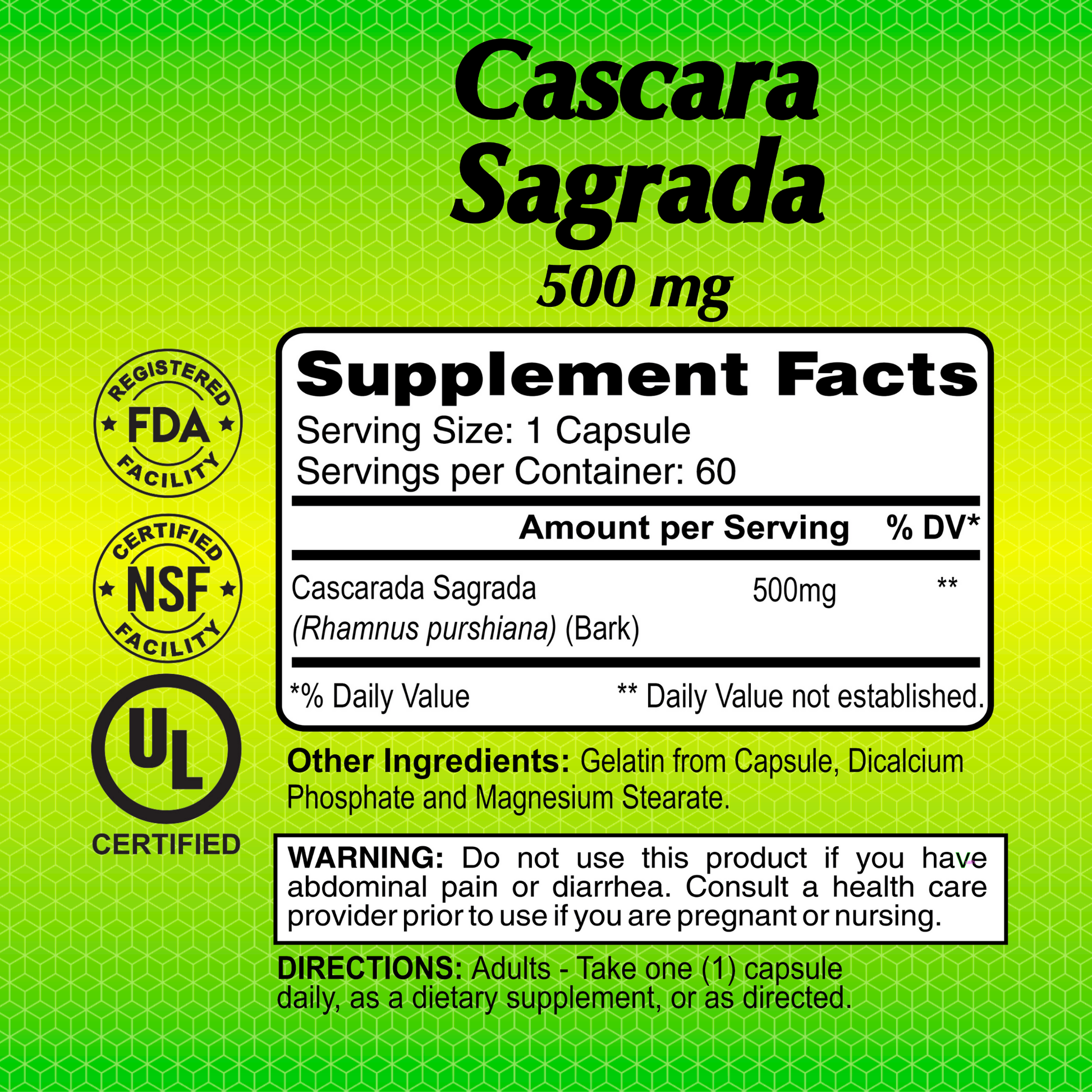 The image shows a label for Alfa Vitamins Cascara Sagrada 500 mg (60 capsules), known as a gentle laxative for colon cleansing. It features supplement facts, dosage instructions, and warnings, with FDA, NSF, and UL certification logos on a green background.