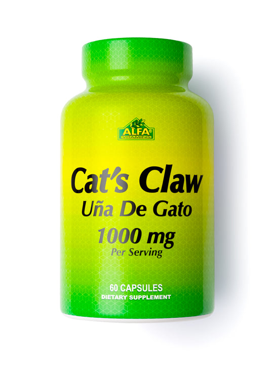 The Alfa Vitamins Cats Claw 1000 mg supplement in a green and yellow bottle offers a potent immune-boosting formula with 60 capsules.