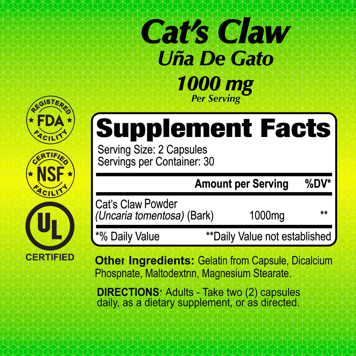 The green label of Alfa Vitamins Cats Claw 1000 mg features certifications from FDA, NSF, and UL. Known for anti-inflammatory benefits, the supplement facts state a daily dose of 2 capsules (Uncaria tomentosa bark) per serving.