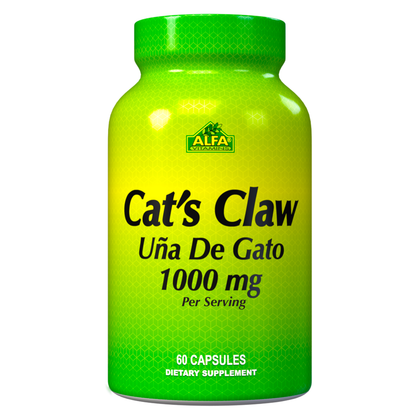 Alfa Vitamins Cats Claw 1000 mg supplement offers powerful anti-inflammatory and antioxidant benefits. The green bottle with a yellow gradient features the Alfa Vitamins logo prominently, labeled Uña De Gato 1000 mg Per Serving above 60 Capsules.