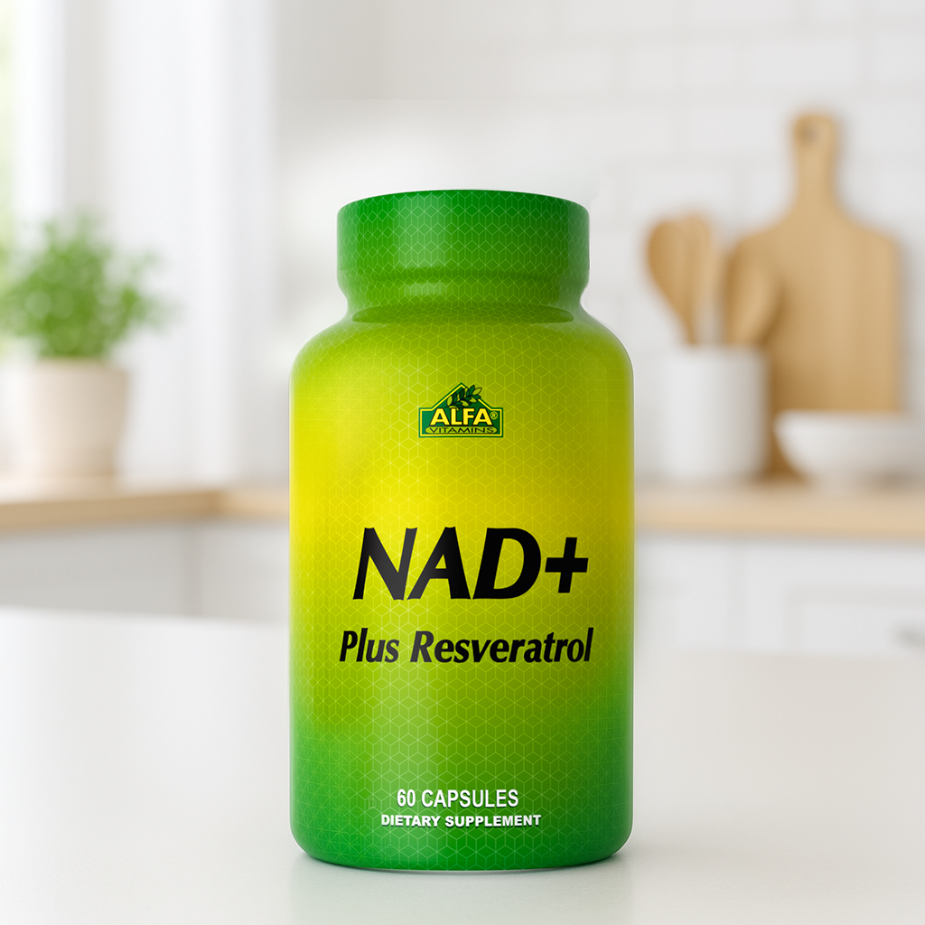 The NAD+ Plus Resveratrol – Cellular Energy & Healthy Aging Support, featuring 60 capsules from Alfa Vitamins Store, rests on a white countertop to promote healthy aging. In the blurred background, kitchen items and a small plant enhance the serene ambiance.