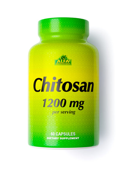 The Alfa Vitamins Chitosan supplement, in a green and yellow bottle, offers 60 capsules of 1200 mg each, ideal for weight loss or cholesterol reduction. The ALFA logo is prominently featured at the top of the label.