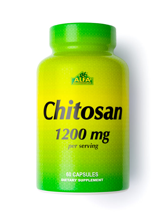 The Alfa Vitamins Chitosan supplement, in a green and yellow bottle, offers 60 capsules of 1200 mg each, ideal for weight loss or cholesterol reduction. The ALFA logo is prominently featured at the top of the label.