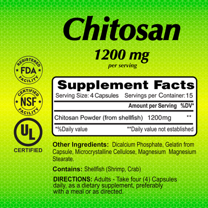 The Alfa Vitamins Chitosan 1200 mg bottle label emphasizes FDA, NSF, and UL certifications. Supplement Facts show a serving of 4 capsules contains 1200 mg of shellfish-derived Chitosan Powder to support cholesterol and weight loss goals, with additional ingredients and dietary advice included.