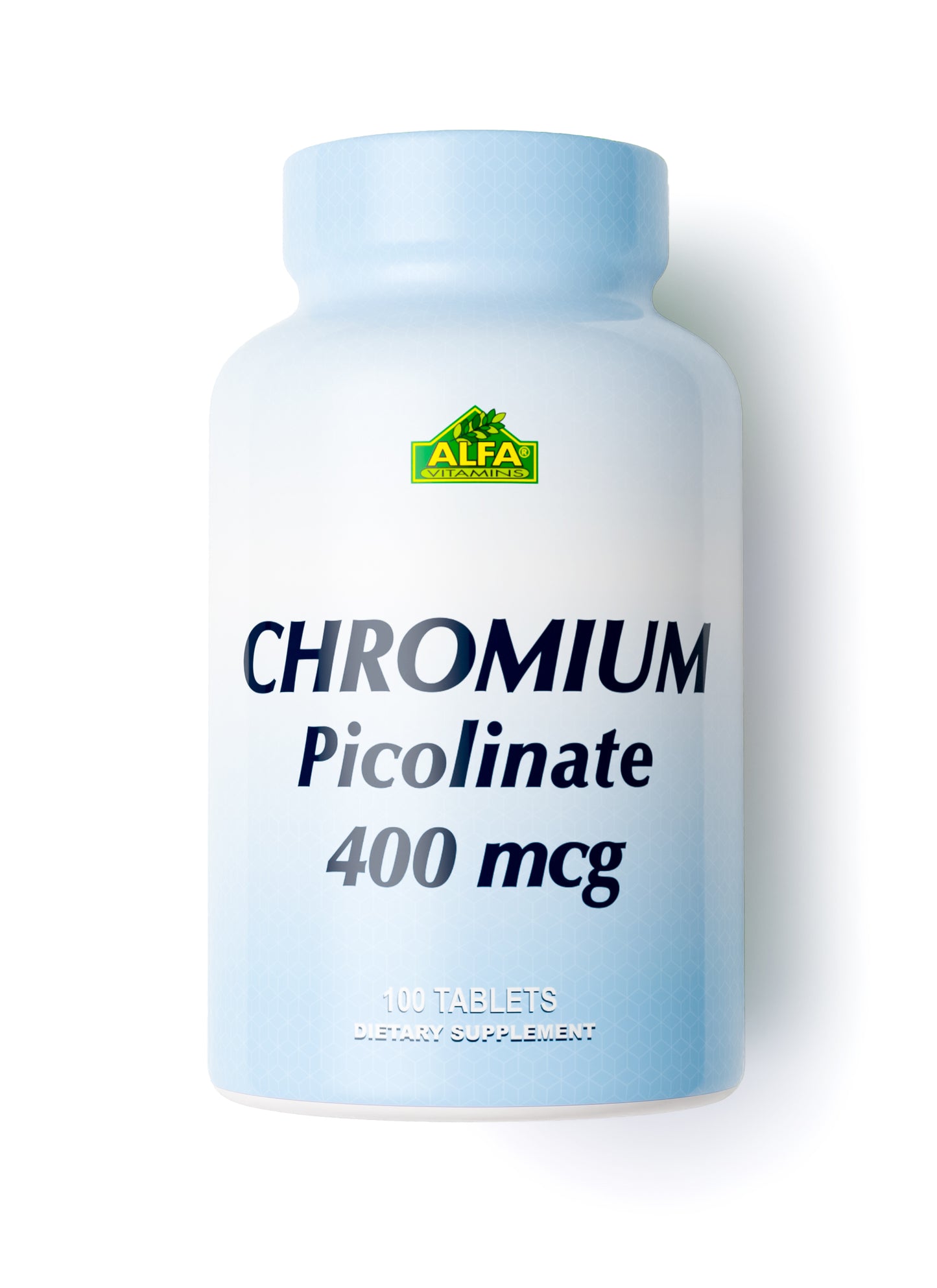 A white bottle with a blue cap labeled Chromium Picolinate 400 mcg - 100 tablets bears the green Alfa Vitamins logo. This dietary supplement supports metabolism and helps maintain healthy blood sugar levels.