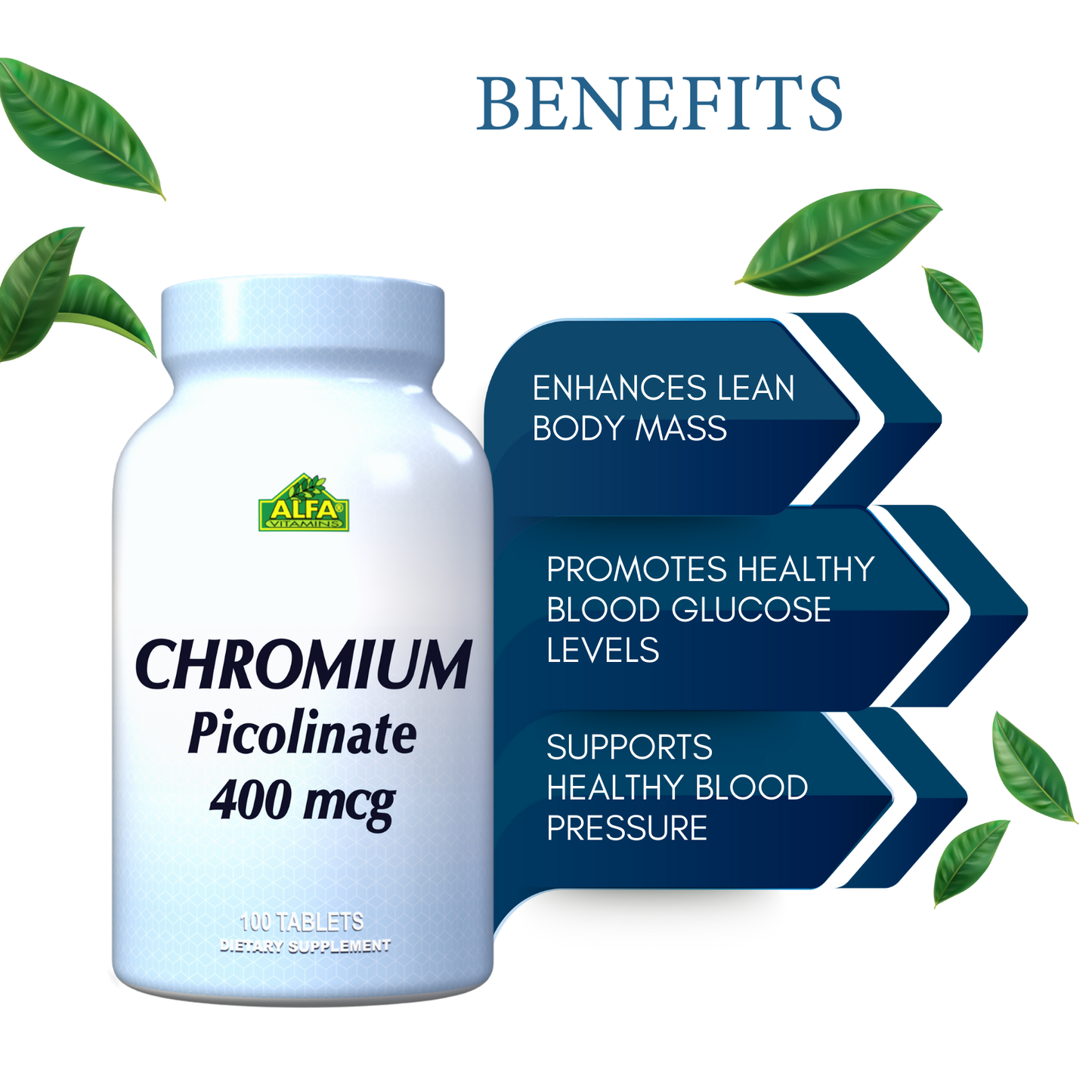 Alfa Vitamins Chromium Picolinate 400 mcg - 100 tablets is highlighted, offering benefits like enhanced lean body mass, healthy blood glucose regulation, and supported blood pressure. Green leaves in the image emphasize its natural touch for metabolism improvement.