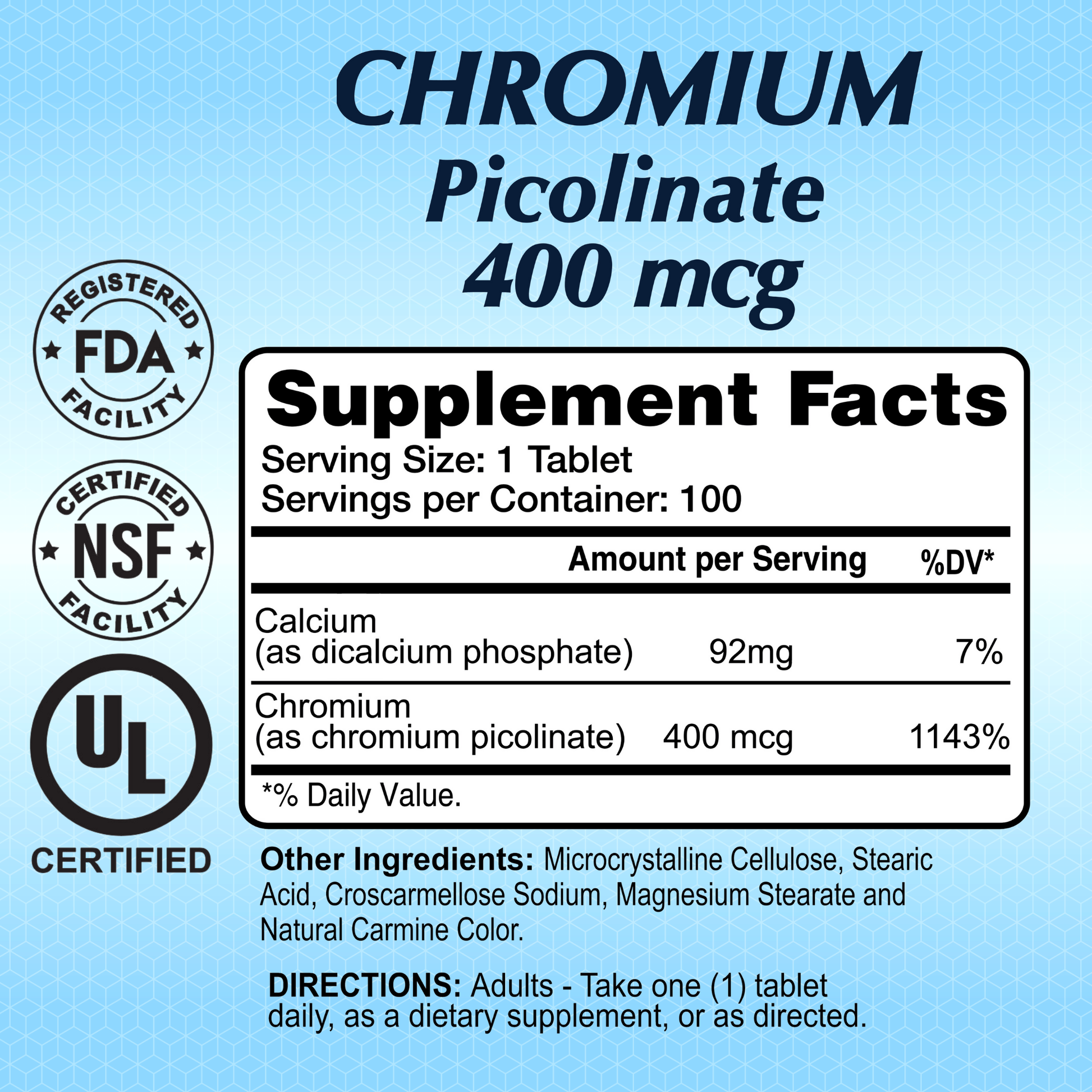 The Chromium Picolinate 400 mcg by Alfa Vitamins offers a supplement label with FDA and NSF certified logos. It includes supplement facts, showing calcium (92 mg) and chromium (400 mcg) for metabolism enhancement and blood sugar control. Serving size, other ingredients, and adult use directions are provided.