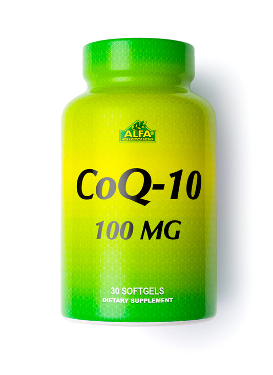 A green and yellow bottle labeled CoQ-10 100 mg - 30 softgels from Alfa Vitamins Store, featuring Coenzyme Q10, a dietary supplement known for its antioxidant properties.