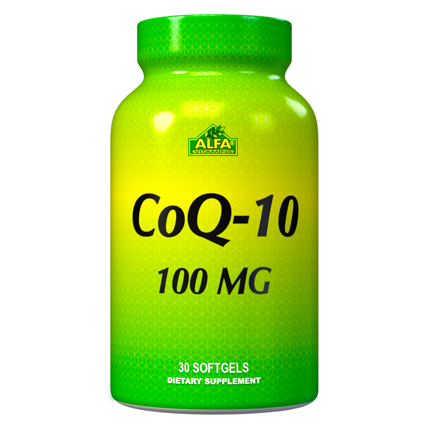 A green Alfa Vitamins Store CoQ-10 supplement bottle contains 30 softgels, each with 100 mg of Coenzyme Q10. The label features a geometric pattern and brand logo.