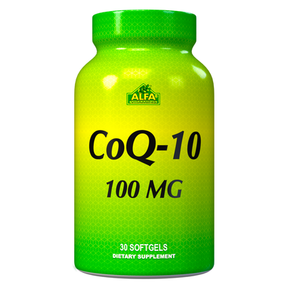 A green Alfa Vitamins Store CoQ-10 supplement bottle contains 30 softgels, each with 100 mg of Coenzyme Q10. The label features a geometric pattern and brand logo.