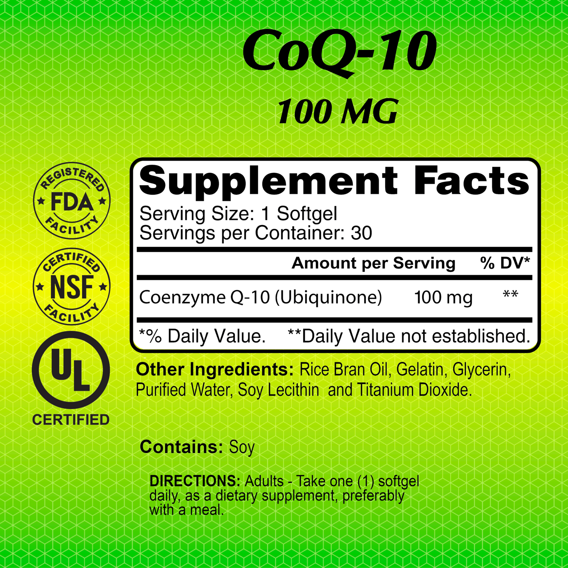 This Alfa Vitamins Store CoQ-10 100mg supplement provides a robust antioxidant boost. It features FDA, NSF, and UL certifications with 30 softgels per container. Each serving size is one softgel containing Coenzyme Q-10, rice bran oil, and gelatin. Contains soy; take daily as directed.