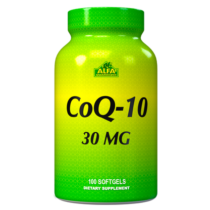 A green bottle of CoQ-10 30 mg from Alfa Vitamins Store holds 100 softgels, serving as a vital antioxidant for daily health.