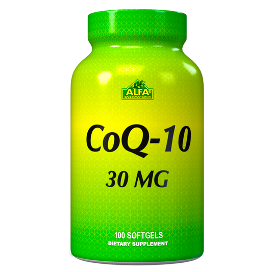 A green bottle of CoQ-10 30 mg from Alfa Vitamins Store holds 100 softgels, serving as a vital antioxidant for daily health.