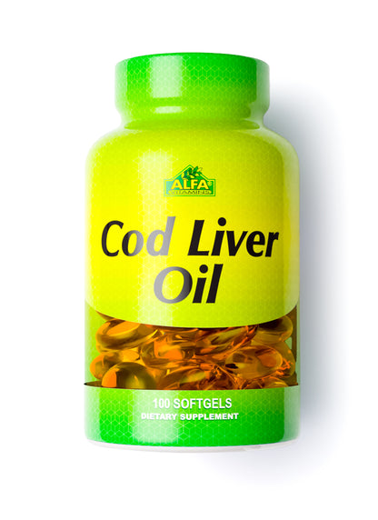 A bottle of Cod Liver Oil - Fish Liver Oil 1250 IU from Alfa Vitamins contains 100 softgels rich in omega-3 fatty acids, and is labeled as a dietary supplement providing essential vitamins A and D for health.