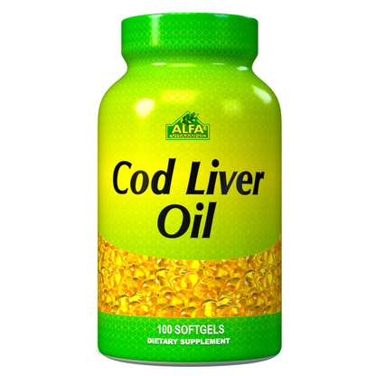 A bottle of Alfa Vitamins Cod Liver Oil - Fish Liver Oil 1250 IU with 100 softgels, rich in omega-3 fatty acids. The green and yellow packaging features a top logo, ensuring quality nutrition in each dose.