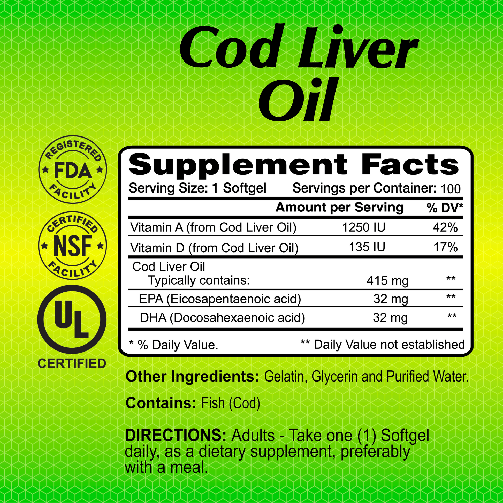 The Alfa Vitamins Cod Liver Oil - Fish Liver Oil 1250 IU supplement label is green, showcasing FDA, NSF, and UL certifications. It notes a serving size with omega-3s from softgels, plus vitamins A and D. Directions and ingredients are listed below. Contains fish allergens.