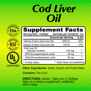 Cod Liver Oil - Fish Liver Oil 1250 IU - 100 softgels