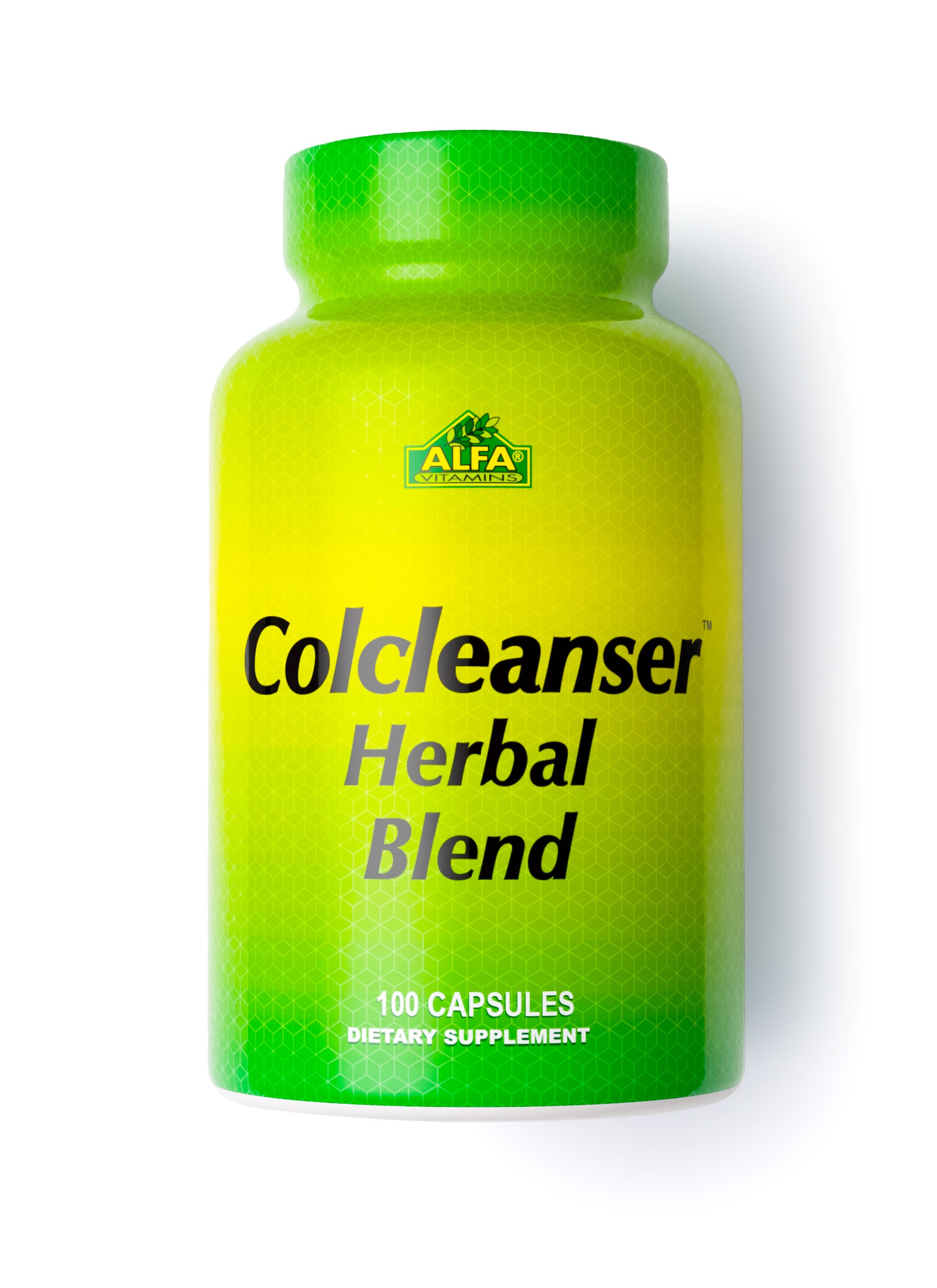 A green and yellow bottle labeled Colcleanser Colon Cleanse & Detox features the Alfa Vitamins logo. The product contains 100 capsules designed as a dietary supplement for colon cleanse and detox, supporting healthy digestion.