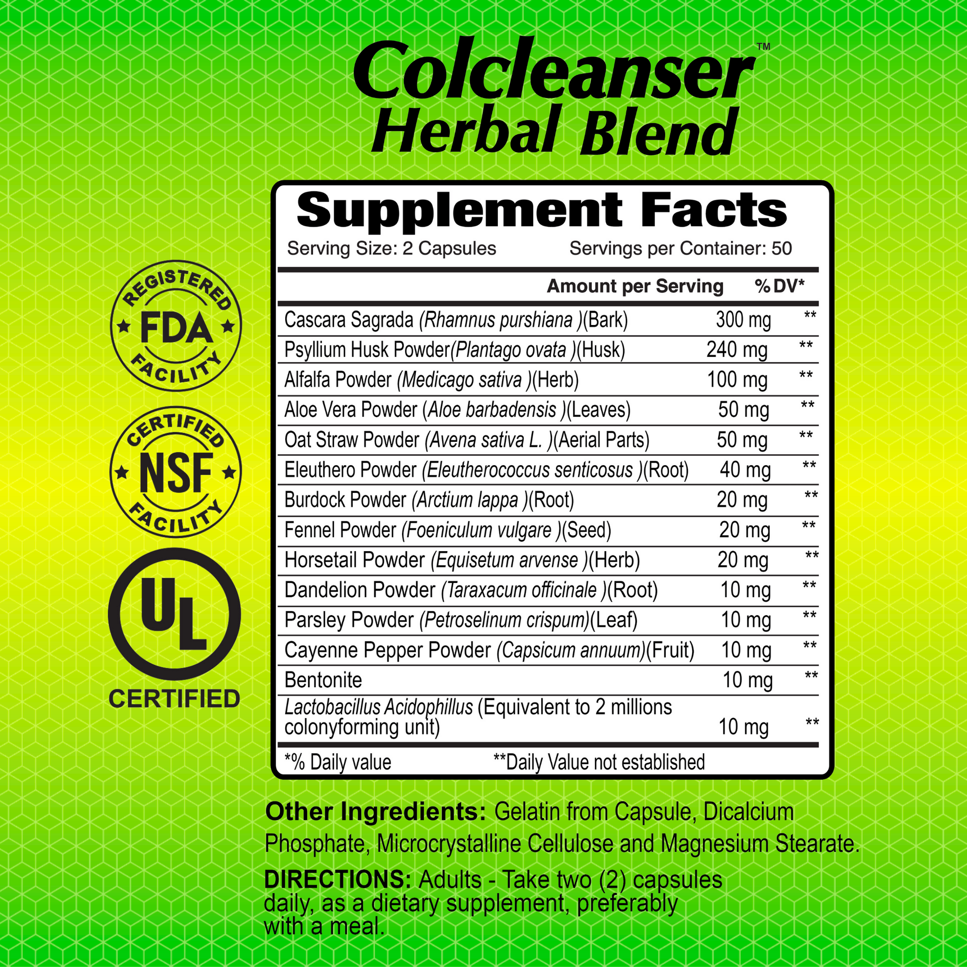 The label for Alfa Vitamins Colcleanser Colon Cleanse & Detox - 100 capsules highlights FDA, NSF, and UL certifications. It lists ingredients such as Cascara Sagrada and Psyllium Husk to promote digestive health, with serving directions on a vibrant yellow-green background.