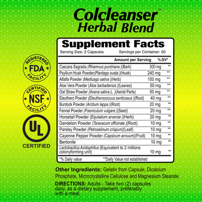 The label for Alfa Vitamins Colcleanser Colon Cleanse & Detox - 100 capsules highlights FDA, NSF, and UL certifications. It lists ingredients such as Cascara Sagrada and Psyllium Husk to promote digestive health, with serving directions on a vibrant yellow-green background.