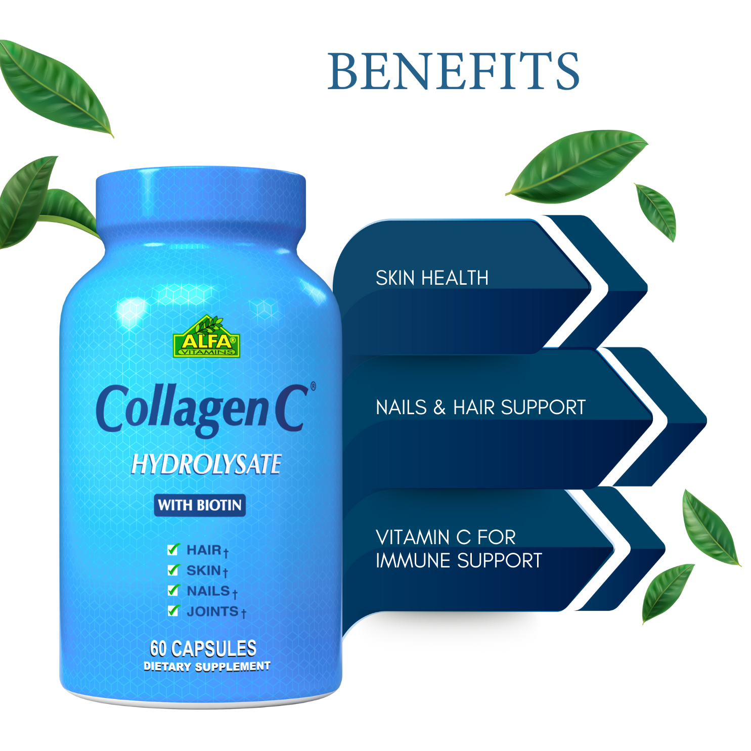 An image shows a blue bottle labeled CollagenC Hydrolysate - Biotin from Alfa Vitamins Store. Listed benefits include Skin Health, Nails & Hair Support, and Vitamin C for Immune Support, with green leaves in the design.