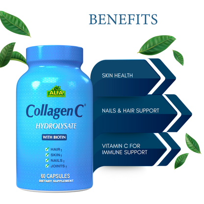 An image shows a blue bottle labeled CollagenC Hydrolysate - Biotin from Alfa Vitamins Store. Listed benefits include Skin Health, Nails & Hair Support, and Vitamin C for Immune Support, with green leaves in the design.