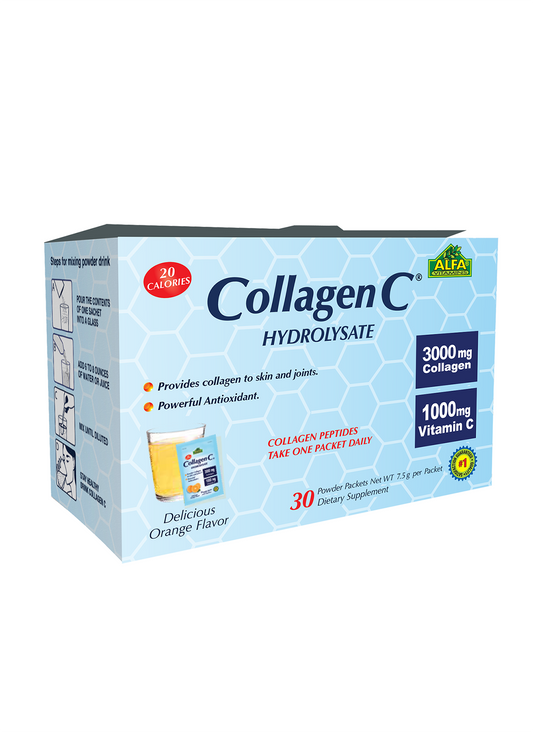 Alfa Vitamins CollagenC Hydrolysate powder with Vitamin C offers 30 orange-flavored packets, each containing 3000 mg of collagen peptides and 1000 mg vitamin C for antioxidant benefits. Each serving is only 20 calories.