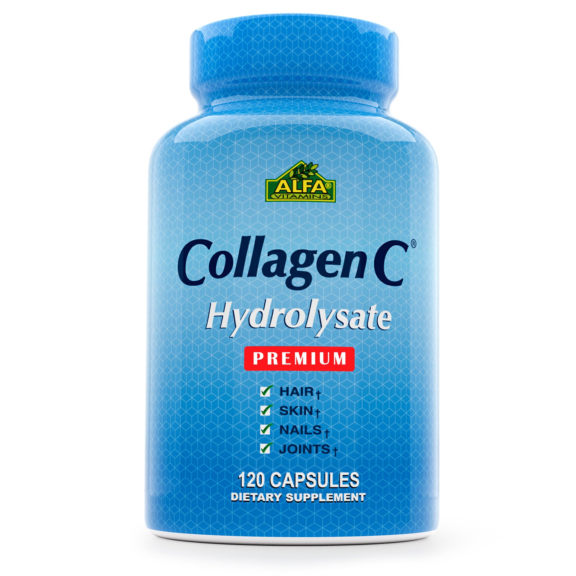 A blue bottle of Alfa Vitamins CollagenC Hydrolysate with Biotin - PREMIUM FORMULA dietary supplement highlights benefits for hair, skin, nails, and joints and contains 120 capsules.