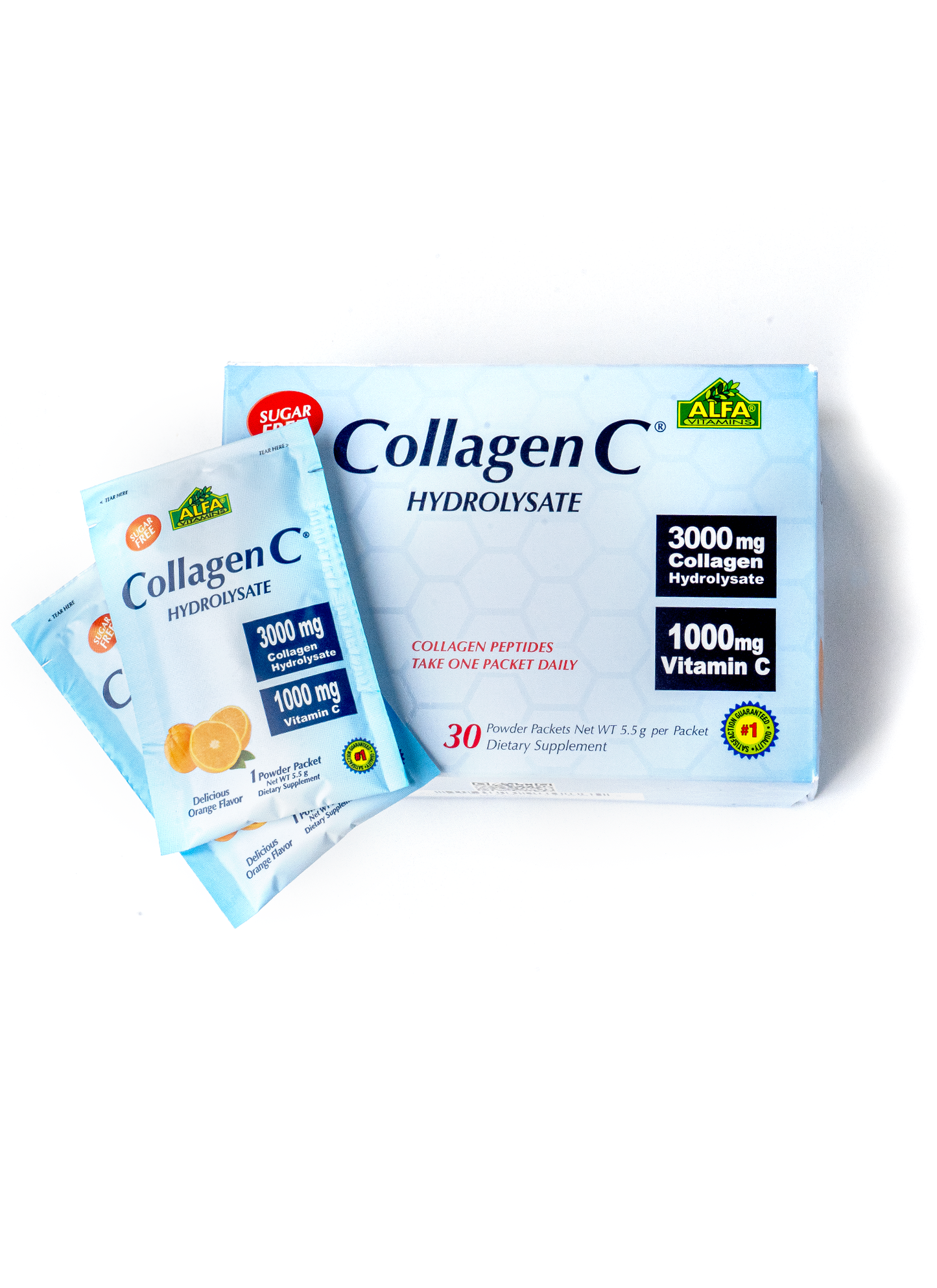 Alfa Vitamins CollagenC Hydrolysate powder features 30 sugar-free sachets, each containing 3000mg of collagen and 1000mg of vitamin C, promoting enhanced skin elasticity.