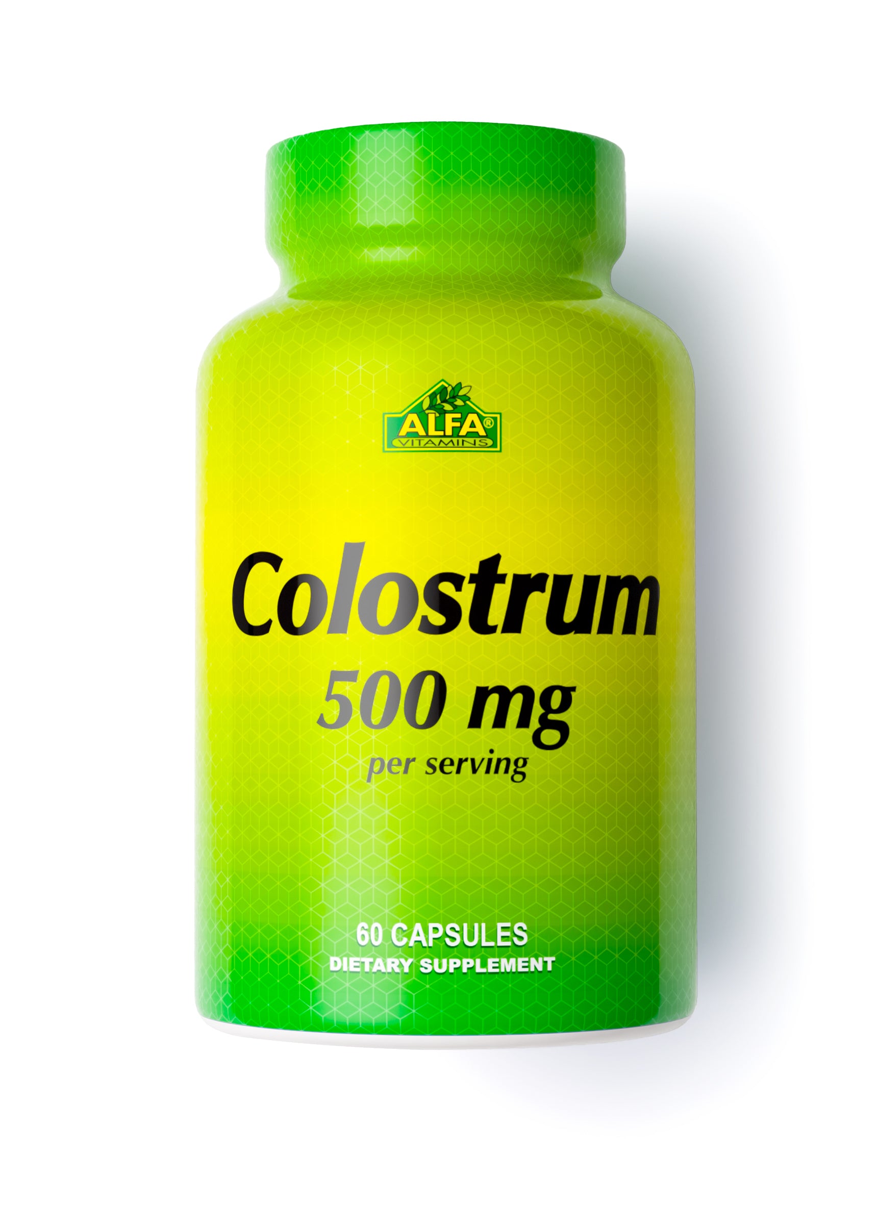 A green and yellow bottle, Colostrum 500 mg - 60 capsules by Alfa Vitamins Store, boosts the immune system with powerful immunoglobulins and is labeled as a dietary supplement.