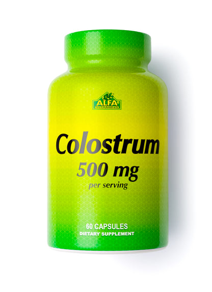 A green and yellow bottle, Colostrum 500 mg - 60 capsules by Alfa Vitamins Store, boosts the immune system with powerful immunoglobulins and is labeled as a dietary supplement.