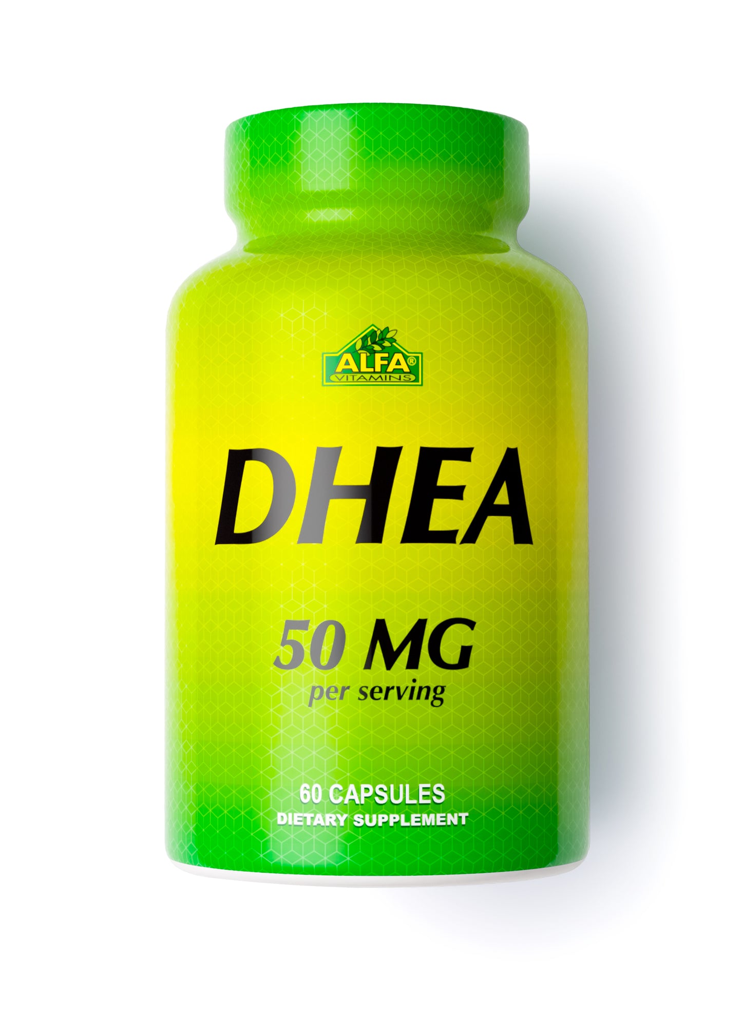 A bottle of DHEA 50 mg, containing 60 capsules and promoting adrenal health, is green and yellow with ALFA Laboratories at the top and made by Alfa Vitamins.