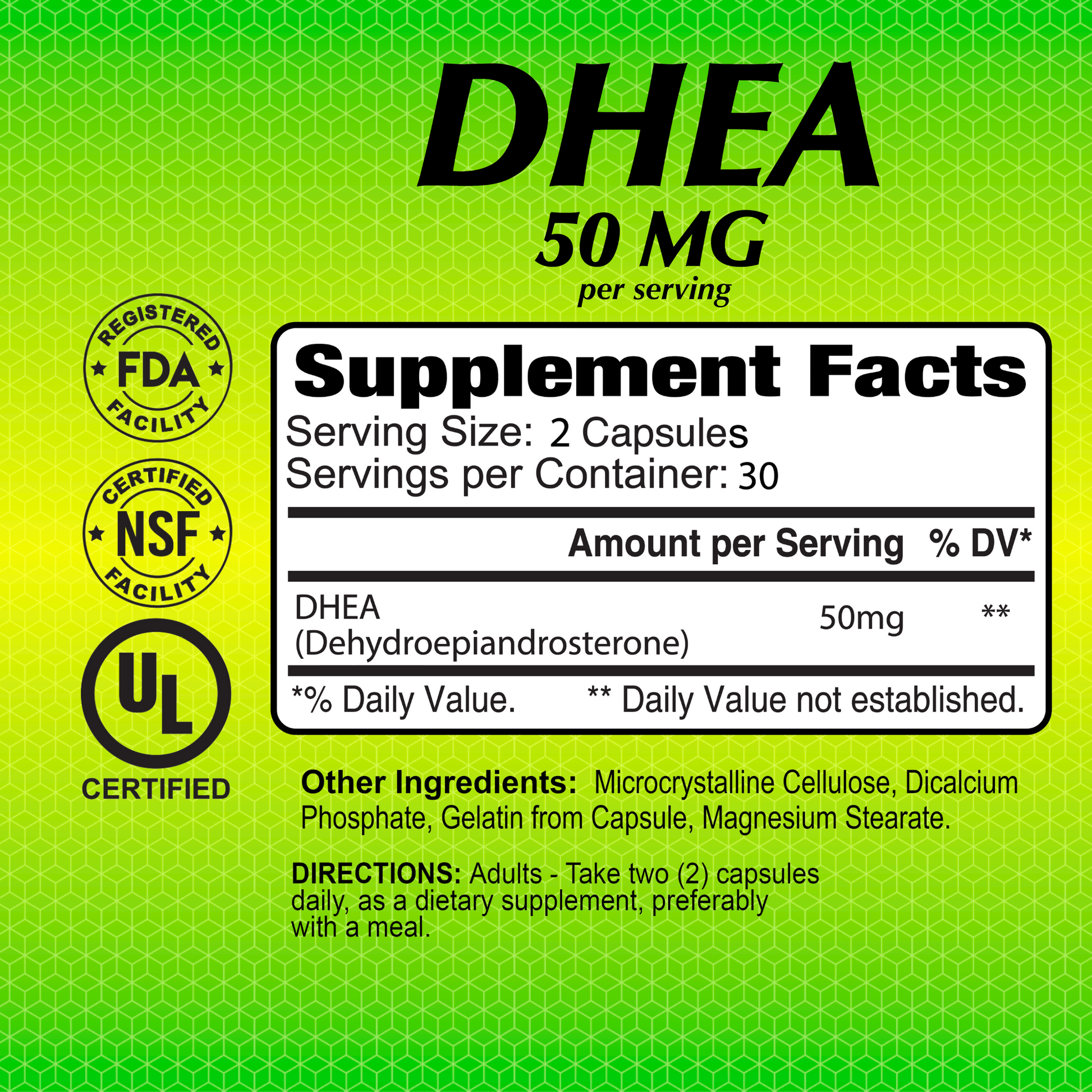 Image of Alfa Vitamins DHEA 50 mg - 60 capsules label showcasing its dosage for hormone balance, along with FDA, NSF, and UL logos. The supplement facts detail servings per container and list ingredients like cellulose and magnesium stearate, with clear usage instructions.