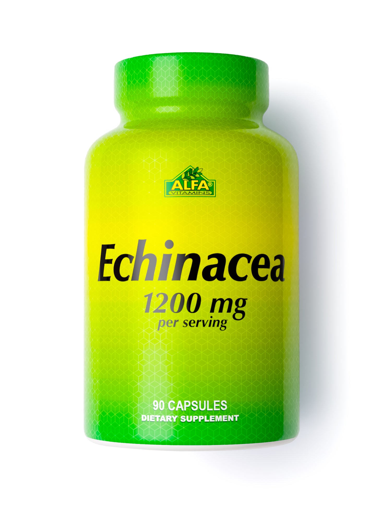 The Alfa Vitamins bottle, labeled Echinacea 1,200 mg - 90 capsules, features a green and yellow gradient design supporting immune health and antioxidants, with the logo displayed prominently at the top.