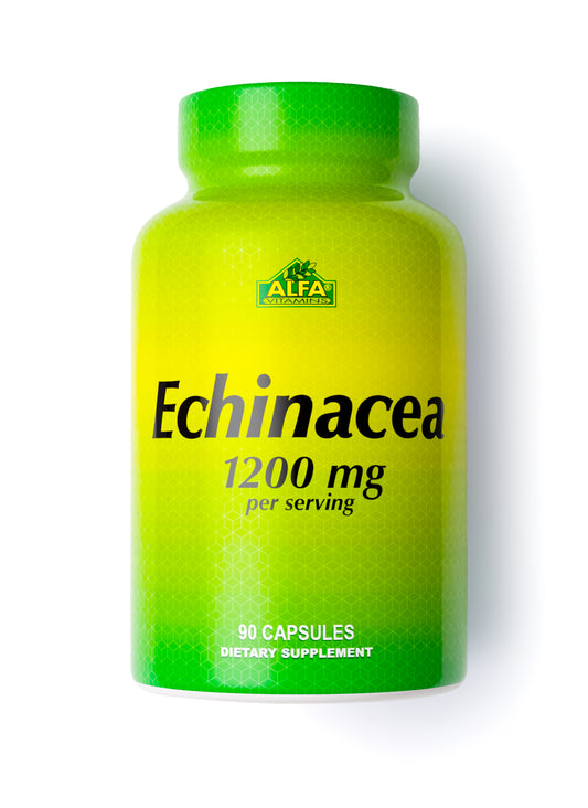 The Alfa Vitamins bottle, labeled Echinacea 1,200 mg - 90 capsules, features a green and yellow gradient design supporting immune health and antioxidants, with the logo displayed prominently at the top.