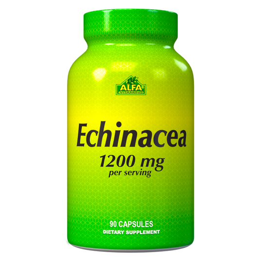 A green bottle labeled Echinacea 1,200 mg - 90 capsules by Alfa Vitamins boosts your immune system. It has a dietary supplement text and a hexagonal pattern with a gradient design.