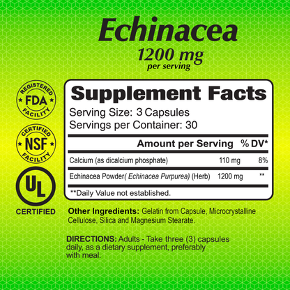 Alfa Vitamins Echinacea 1,200 mg offers immune support with FDA, NSF, and UL certifications. Each serving has 3 capsules (1200 mg total), providing antioxidants from echinacea powder and calcium. With 90 capsules per container (30 servings), take three daily with a meal for best results.