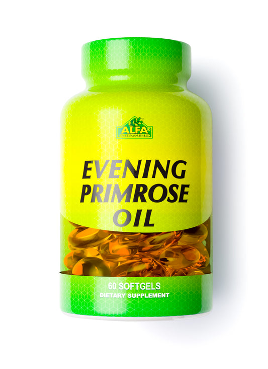 Alfa Vitamins Stores Evening Primrose Oil comes in a bottle with a yellow-green gradient label featuring the logo on top. It contains 60 softgels rich in gamma-linolenic acid, promoting skin health as a dietary supplement.