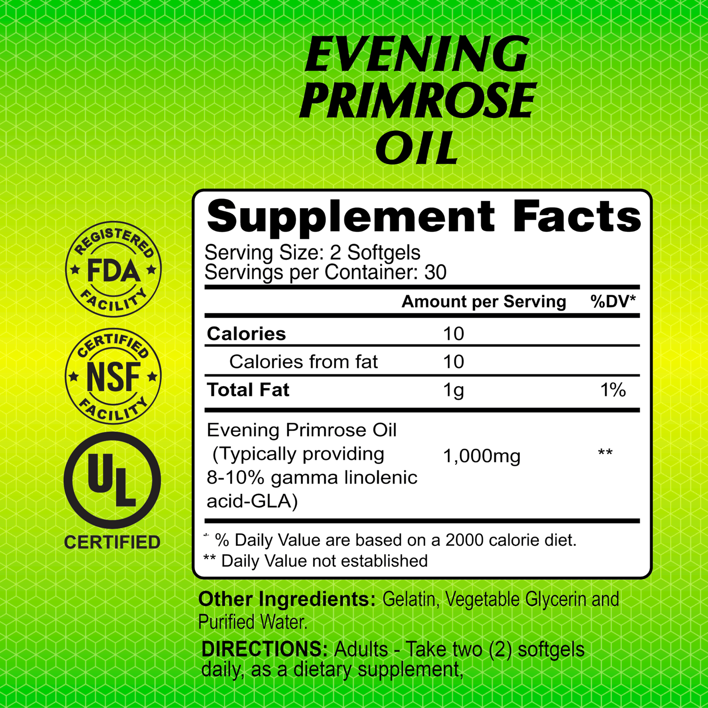 The Alfa Vitamins Store Evening Primrose Oil comes in a green supplement label, featuring Gamma-Linolenic Acid for skin health. It holds FDA, NSF, and UL certifications, lists nutrition facts and ingredients such as gelatin and glycerin, with adult directions to take two softgels daily.