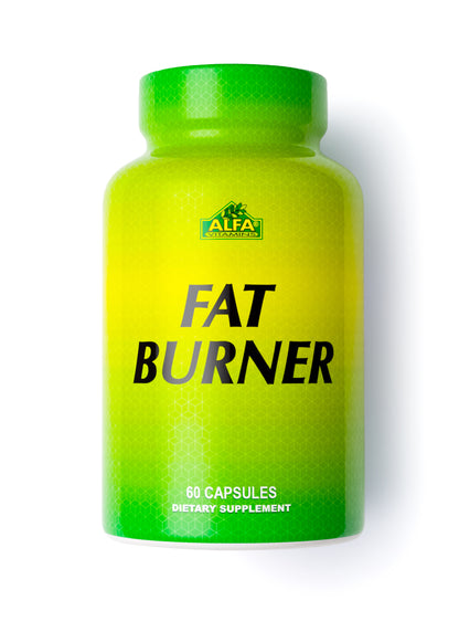 The green and yellow Fat Burner bottle by Alfa Vitamins Store is a dietary supplement for weight management with 60 capsules, featuring a subtle hexagonal design to effectively boost metabolism.