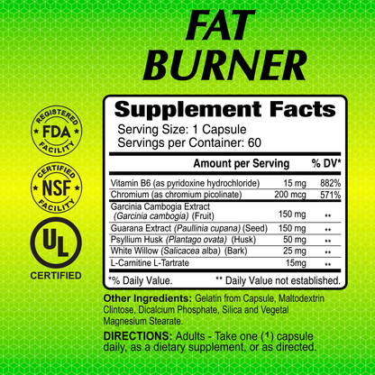 The bright green Fat Burner - 60 capsules by Alfa Vitamins Store promotes weight management with Vitamin B6, Chromium, Garcinia Cambogia Extract, and Guarana Seed Extract. Featuring certification logos and usage directions, it is designed to boost metabolism for effective results.