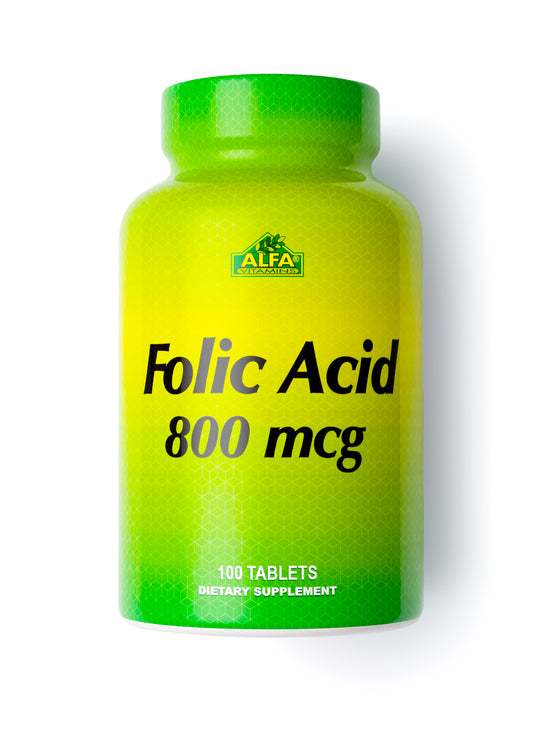 A green and yellow bottle labeled Folic Acid 800 mcg contains 100 tablets. The product, by Alfa Vitamins, features a honeycomb pattern and supports red blood cell formation for optimal heart health.